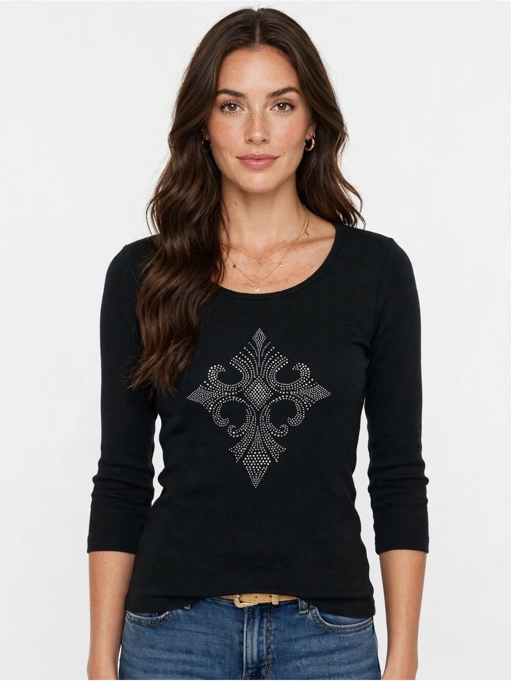 Reba Black Long-Sleeve Top with Rhinestone Fleur Motif